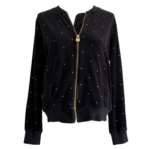 Michael Kors Black Velour Rhinestone Bomber Jacket  Large Black and gold - Picture 2 of 11